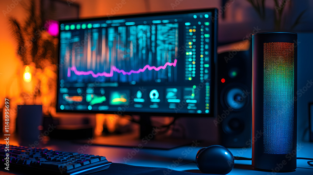 Poster close-up of a computer screen displaying stock market data, illuminated in a dark room with a vibran
