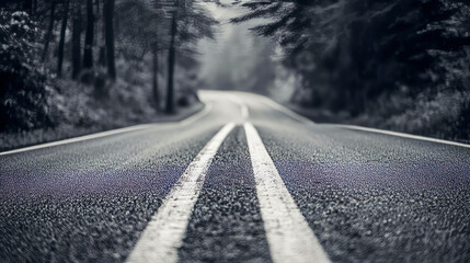 Serene misty forest road with double yellow lines