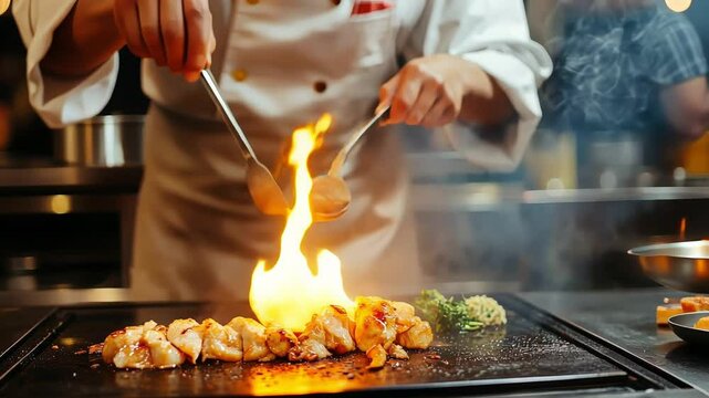 A chef skillfully handles tongs to grill tender chicken pieces over an open flame, surrounded by sizzling sounds and aromatic herbs. The kitchen is vibrant and bustling