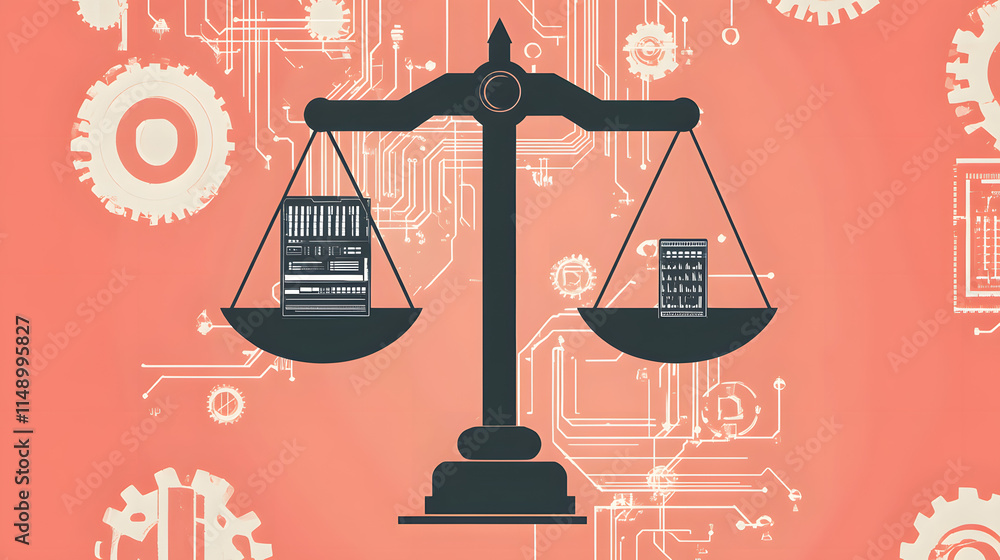 Poster scales balancing two server racks on a tech background. illustrates data storage comparison, balance