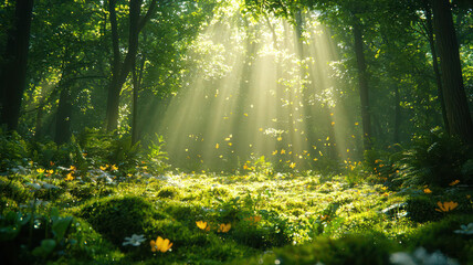 Obraz premium An enchanting forest scene during the early morning, where rays of sunlight pierce through the dense canopy, illuminating a carpet of vibrant green moss and wildflowers