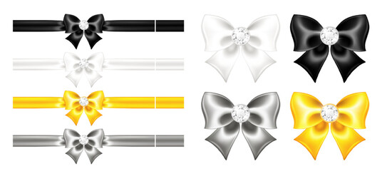 Luxurious festive set of satin bows with ribbons and diamond accents in elegant colors: black, white, gold, and silver. Perfect for holiday decorations and elegant designs. Realistic vector design