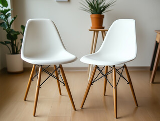 Zwei moderne weiße Stühle vor einer neutralen Wand mit Pflanzen

