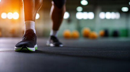 Trainer demonstrating leg stretches to avoid joint injury in gym fitness environment