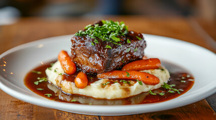 Braised beef short ribs with carrots on creamy mashed potatoes