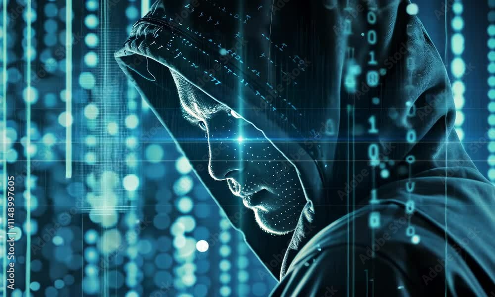 Poster silhouetted person with digital code overlay on face against blue, binary background