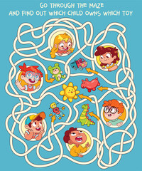 Children logic game to pass the maze. Go through the maze and find out which child owns which toy. Educational game for kids. Choose right path. Funny cartoon character. Worksheet page