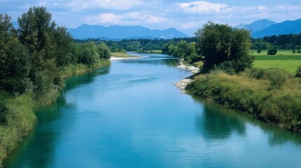 Fototapeta premium Serene River Landscape with Majestic Mountains