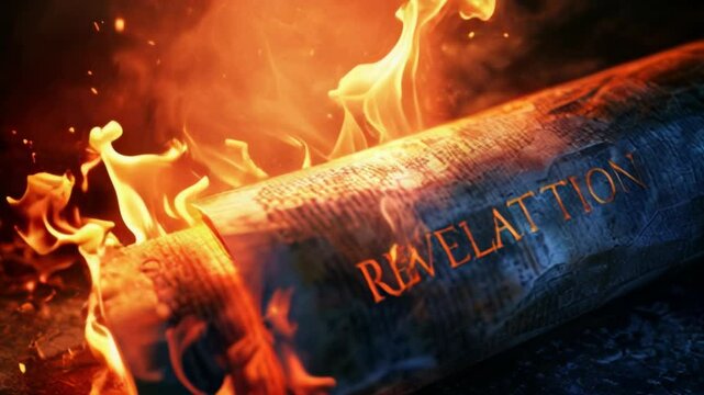 Glowing open scroll parchment with word REVELATION revealing the book of the Bible.