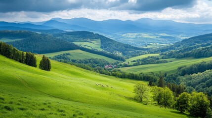 Obraz premium Serene Mountain Valley Landscape with Sheep