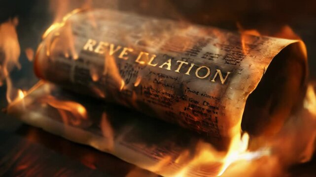 Glowing open scroll parchment with word REVELATION revealing the book of the Bible.