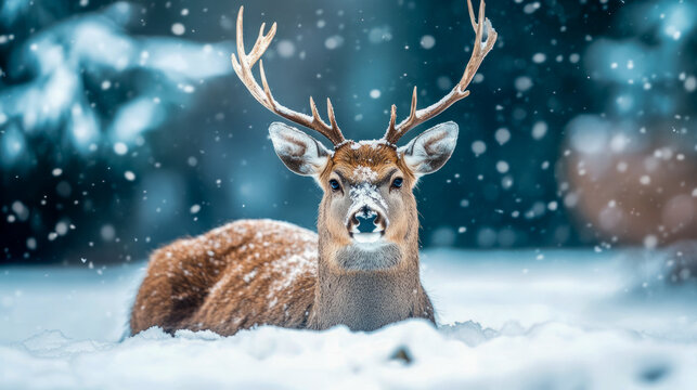 Majestic deer resting in snowy forest during winter snowfall