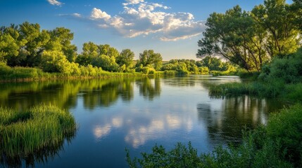 Serenity of a Calm River Surrounded by Lush Greenery and Blue Sky