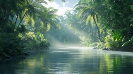 Obraz premium Serene Jungle River Surrounded by Lush Greenery and Tropical Plants