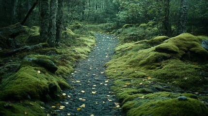 Fototapeta premium Serene Forest Pathway Surrounded by Lush Greenery and Moss