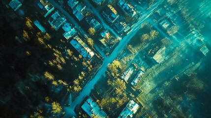 Aerial winter view of snow-covered rural village and frozen landscape