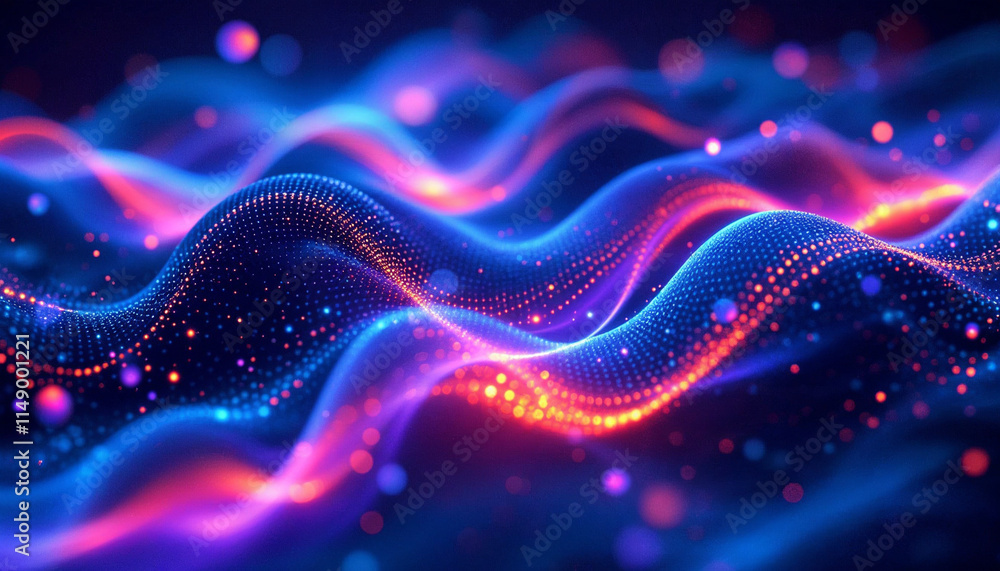 Aufkleber colorful abstract waves of light flow through a digital space filled with luminous orbs and vibrant 
