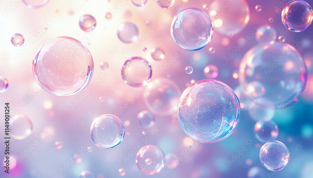 Poster colorful soap bubbles floating in a dreamy background with soft colors and light reflections