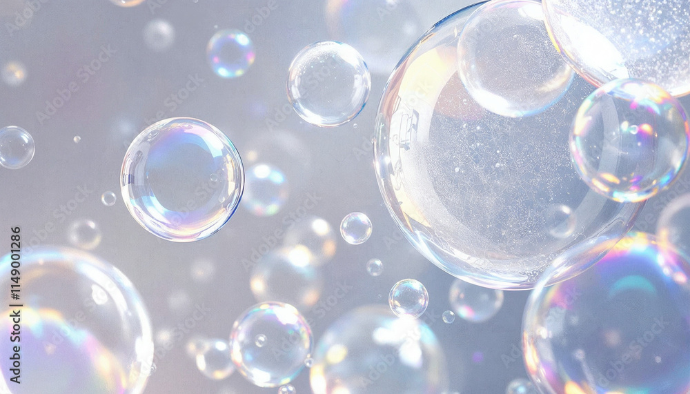 Poster bubbles floating in the air create a serene and magical atmosphere against a soft blurred background