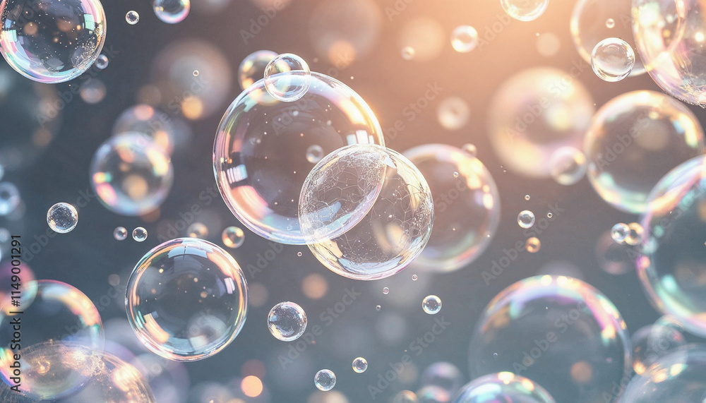 Poster bubbles floating in sunlight create a magical and serene atmosphere in a bright background