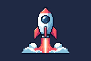 Pixel art of a rocket ship launching into the sky white with red accents and circular window solid dark blue background