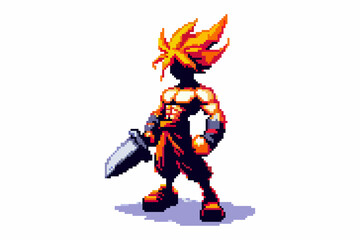 Pixel art character with spiky flame-like hair, holding a large sword, muscular build, boots, bright colors, dynamic pose