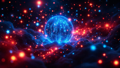 Colorful cosmic sphere surrounded by vibrant light in a starry environment