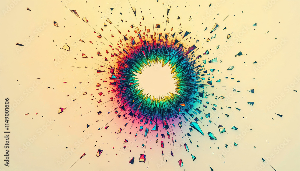 Poster colorful abstract explosion with geometric shapes radiating from center on a light background