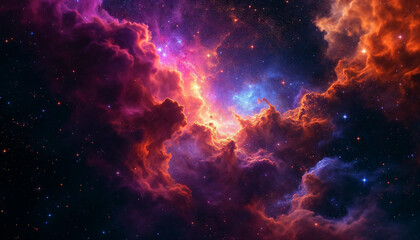 Naklejka premium Vibrant cosmic clouds illuminated by distant stars in a galaxy filled with color and mystery