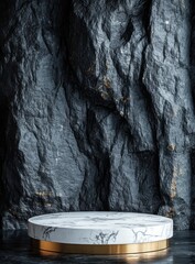 Marble and Stone Podium: Elegant circular marble podium with gold accents, set against a dramatic backdrop of dark, textured stone. Perfect for showcasing products or as a design element. 