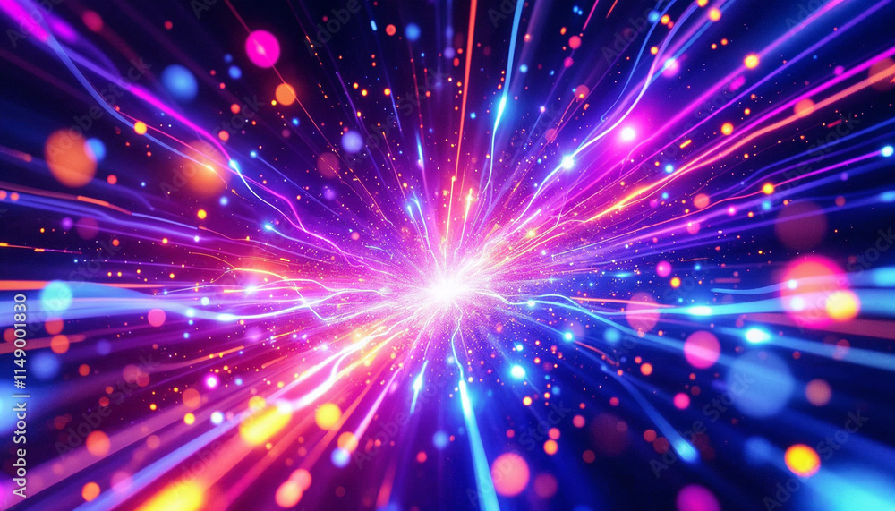 Poster colorful light explosion creating vibrant patterns in dark space during a cosmic display