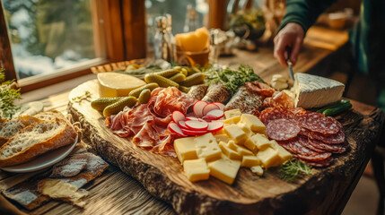 Obraz premium Rustic charcuterie board with assorted cheeses and meats in cozy setting