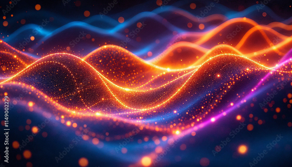 Poster vibrant waves of light create an abstract pattern in a digital landscape with glowing colors and flu