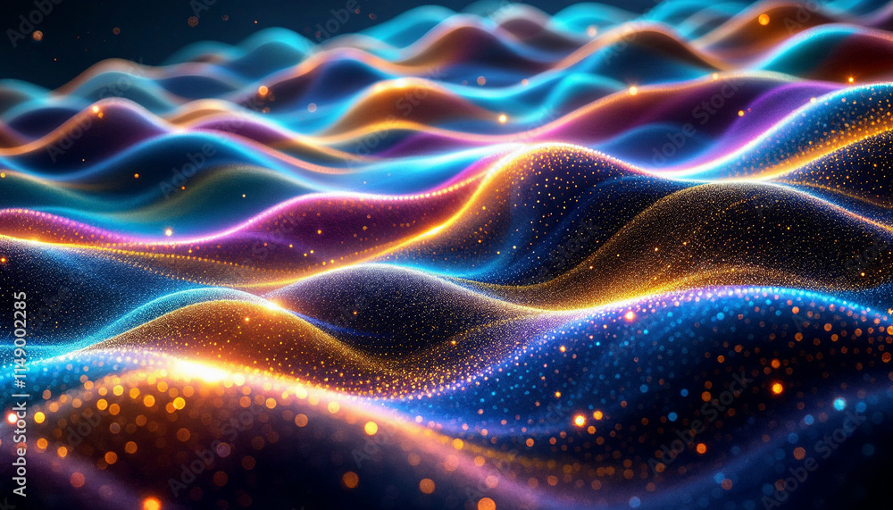 Poster colorful waves of light create a mesmerizing pattern across a dark background at night