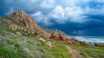 Obraz premium Scenic Coastal Landscape with Dramatic Sky and Rocky Outcrops