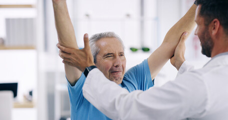 Man, elderly patient and stretching with physiotherapist for physical examination, checkup or visit at clinic. Male person, medical worker or client with physiotherapy for arm flexibility at hospital