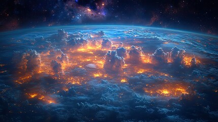 A stunning view of Earth from space, showcasing glowing clouds and a cosmic backdrop.
