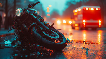Nighttime urban motorcycle accident with emergency response scene