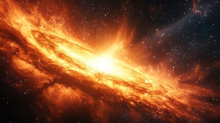 A vibrant cosmic scene depicting a galaxy with fiery colors and swirling stars.