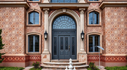 Obraz premium Residential Building Entrance with Ornate Facade and Double Door
