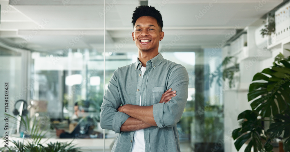 Poster Business, man and portrait with arms crossed in office for software development, career pride and confidence. Professional, programmer and happy for programming startup and database troubleshooting
