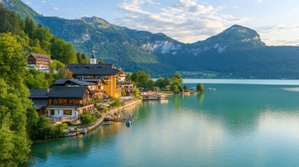 Fototapeta premium Serene Alpine Lake Village: Picturesque Houses by the Water