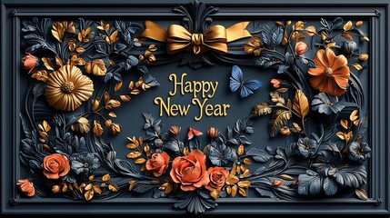 Refined Happy New Year Card with a Touch of Gold and Blue Hues, 金と青の色合いを加えた洗練された新年カード.Generative AI