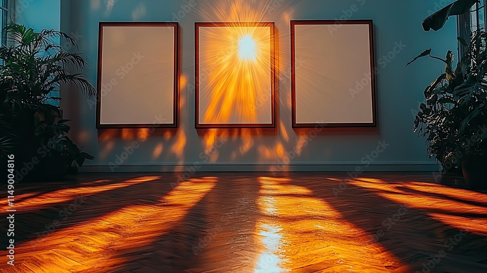 Poster a sunlit gallery with three empty frames and warm reflections on the floor.