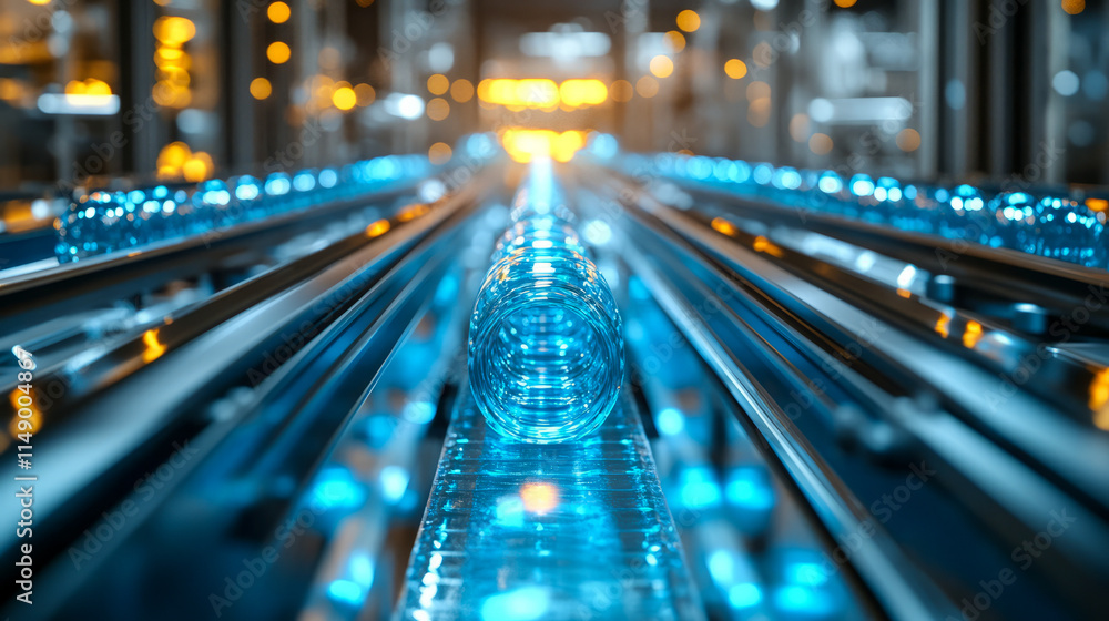 Poster automated bottling line with blue plastic bottles in modern factory setting