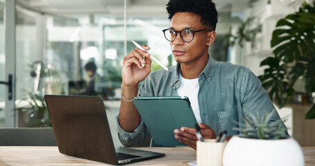 Business man, tablet and thinking at startup in office for insight, notes and project management....