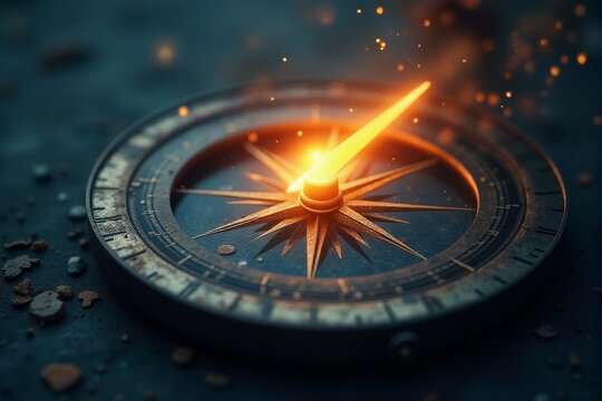 Abstract compass pointing toward a glowing light symbolizing direction and purpose