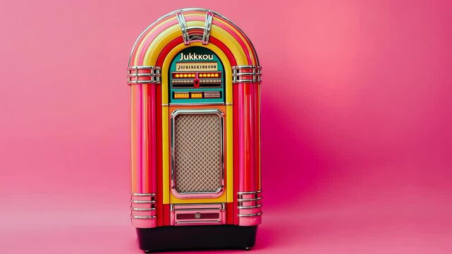 Vintage jukebox in bright colors against a pink background showcasing retro design elements and nostalgia