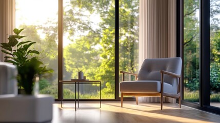 Fototapeta premium Modern minimalist room with refined, simple furnishings. Featuring a spacious, uncluttered design