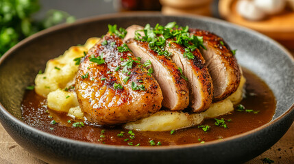 Succulent grilled duck breast with mashed potatoes and rich brown sauce garnished with fresh herbs